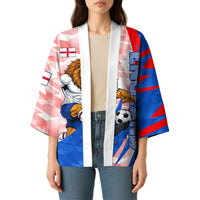 Personalized England Football Kimono Powerful Lion Kicking Ball Red Blue Chevron Zigzag