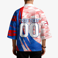 Personalized England Football Kimono Powerful Lion Kicking Ball Red Blue Chevron Zigzag