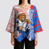 Personalized England Football Kimono Sleeve Blouse Powerful Lion Kicking Ball Red Blue Chevron Zigzag