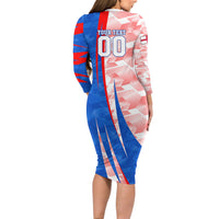 Personalized England Football Long Sleeve Bodycon Dress Powerful Lion Kicking Ball Red Blue Chevron Zigzag