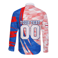 Personalized England Football Long Sleeve Button Shirt Powerful Lion Kicking Ball Red Blue Chevron Zigzag