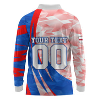 Personalized England Football Long Sleeve Polo Shirt Powerful Lion Kicking Ball Red Blue Chevron Zigzag