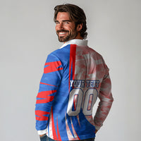 Personalized England Football Long Sleeve Polo Shirt Powerful Lion Kicking Ball Red Blue Chevron Zigzag