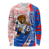 Personalized England Football Long Sleeve Shirt Powerful Lion Kicking Ball Red Blue Chevron Zigzag