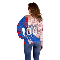 Personalized England Football Off Shoulder Sweater Powerful Lion Kicking Ball Red Blue Chevron Zigzag
