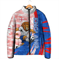 Personalized England Football Padded Jacket Powerful Lion Kicking Ball Red Blue Chevron Zigzag