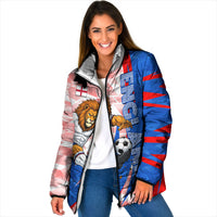 Personalized England Football Padded Jacket Powerful Lion Kicking Ball Red Blue Chevron Zigzag
