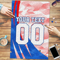 Personalized England Football Puzzle Powerful Lion Kicking Ball Red Blue Chevron Zigzag