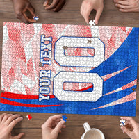 Personalized England Football Puzzle Powerful Lion Kicking Ball Red Blue Chevron Zigzag