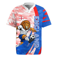 Personalized England Football Rugby Jersey Powerful Lion Kicking Ball Red Blue Chevron Zigzag