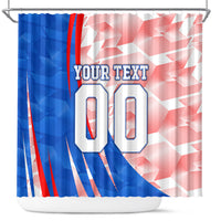 Personalized England Football Shower Curtain Powerful Lion Kicking Ball Red Blue Chevron Zigzag