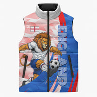 Personalized England Football Sleeveless Puffer Jacket Powerful Lion Kicking Ball Red Blue Chevron Zigzag