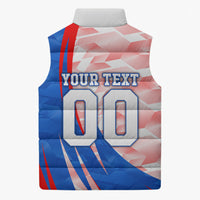 Personalized England Football Sleeveless Puffer Jacket Powerful Lion Kicking Ball Red Blue Chevron Zigzag