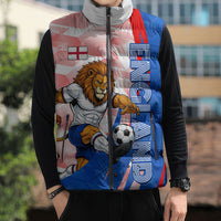 Personalized England Football Sleeveless Puffer Jacket Powerful Lion Kicking Ball Red Blue Chevron Zigzag