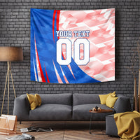 Personalized England Football Tapestry Powerful Lion Kicking Ball Red Blue Chevron Zigzag