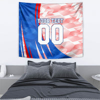 Personalized England Football Tapestry Powerful Lion Kicking Ball Red Blue Chevron Zigzag
