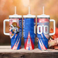 Personalized England Football Tumbler With Handle Powerful Lion Kicking Ball Red Blue Chevron Zigzag