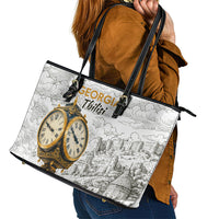 Georgia Tbilisi Clock Tower Leather Tote Bag Kartlis Deda Vintage Sketch Style