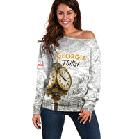 Georgia Tbilisi Clock Tower Off Shoulder Sweater Kartlis Deda Vintage Sketch Style