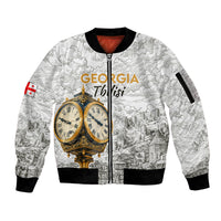 Georgia Tbilisi Clock Tower Sleeve Zip Bomber Jacket Kartlis Deda Vintage Sketch Style