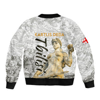 Georgia Tbilisi Clock Tower Sleeve Zip Bomber Jacket Kartlis Deda Vintage Sketch Style