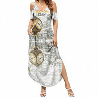 Georgia Tbilisi Clock Tower Summer Maxi Dress Kartlis Deda Vintage Sketch Style