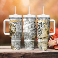 Georgia Tbilisi Clock Tower Tumbler With Handle Kartlis Deda Vintage Sketch Style