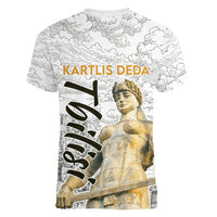 Georgia Tbilisi Clock Tower Women V-Neck T-Shirt Kartlis Deda Vintage Sketch Style
