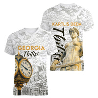 Georgia Tbilisi Clock Tower Women V-Neck T-Shirt Kartlis Deda Vintage Sketch Style