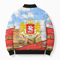 Georgia National Flag Bomber Puffer Jacket Tbilisi Clock Tower Heritage Sky Art