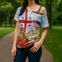 Georgia National Flag Cross Shoulder Shirt Tbilisi Clock Tower Heritage Sky Art
