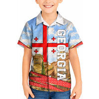 Georgia National Flag Kid Hawaiian Shirt Tbilisi Clock Tower Heritage Sky Art