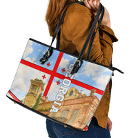 Georgia National Flag Leather Tote Bag Tbilisi Clock Tower Heritage Sky Art