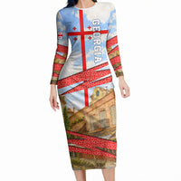 Georgia National Flag Long Sleeve Bodycon Dress Tbilisi Clock Tower Heritage Sky Art