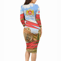 Georgia National Flag Long Sleeve Bodycon Dress Tbilisi Clock Tower Heritage Sky Art