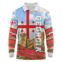 Georgia National Flag Long Sleeve Polo Shirt Tbilisi Clock Tower Heritage Sky Art