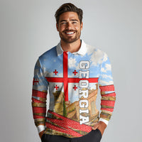 Georgia National Flag Long Sleeve Polo Shirt Tbilisi Clock Tower Heritage Sky Art
