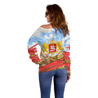 Georgia National Flag Off Shoulder Sweater Tbilisi Clock Tower Heritage Sky Art