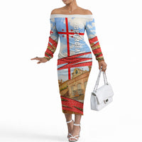 Georgia National Flag Off The Shoulder Long Sleeve Dress Tbilisi Clock Tower Heritage Sky Art