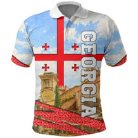 Georgia National Flag Polo Shirt Tbilisi Clock Tower Heritage Sky Art