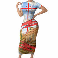 Georgia National Flag Short Sleeve Bodycon Dress Tbilisi Clock Tower Heritage Sky Art