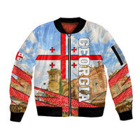 Georgia National Flag Sleeve Zip Bomber Jacket Tbilisi Clock Tower Heritage Sky Art