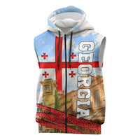 Georgia National Flag Sleeveless Zip Hoodie Tbilisi Clock Tower Heritage Sky Art