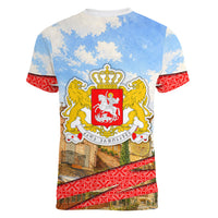 Georgia National Flag Women V-Neck T-Shirt Tbilisi Clock Tower Heritage Sky Art