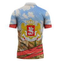 Georgia National Flag Zipper Polo Shirt Tbilisi Clock Tower Heritage Sky Art
