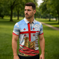Georgia National Flag Zipper Polo Shirt Tbilisi Clock Tower Heritage Sky Art
