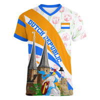Dutch Republic Netherlands Women V-Neck T-Shirt Patriotism Vintage Heraldic Crest Floral Tulip