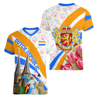 Dutch Republic Netherlands Women V-Neck T-Shirt Patriotism Vintage Heraldic Crest Floral Tulip
