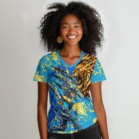 Saint Lucia Cricket Women V-Neck T-Shirt Kings Lion Unstoppable Mascot Art