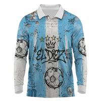 El Diez Argentina GOAT 10 Football Long Sleeve Polo Shirt Goat Mascot King Crown Graffiti Art